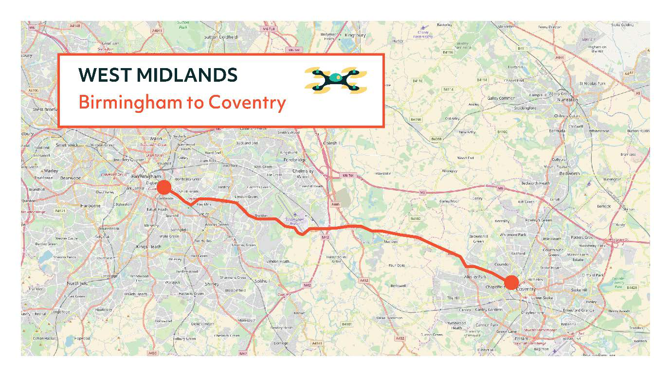Map of West Midlands showing a red line route from Birmingham to Coventry.