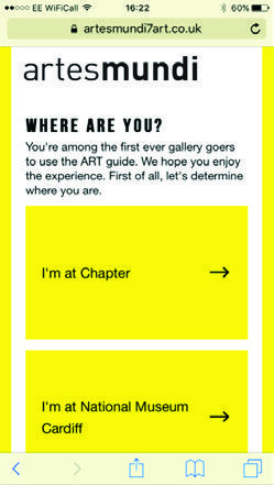Screenshot of a mobile website asking user location, with two interactive buttons: "I'm at Chapter" and "I'm at National Museum Cardiff."