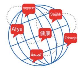 Global illustration with speech bubbles showing the word 'Health' in multiple languages, symbolizing international communication or global health.