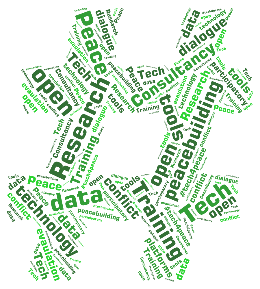 Word cloud shaped like a hashtag, highlighting terms like Research, Training, Tech, open, data, peacebuilding, and tools.