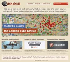 Screenshot of the Ushahidi website homepage, featuring a map showing London Tube strikes and information about their open-source mapping software.