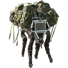 A four-legged military robot, similar to a dog, equipped with multiple camouflage-patterned backpacks.
