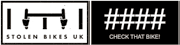 Two logos: "STOLEN BIKES UK" with a bike frame icon, and "CHECK THAT BIKE!" with a hashtag pattern, related to a bike history service.