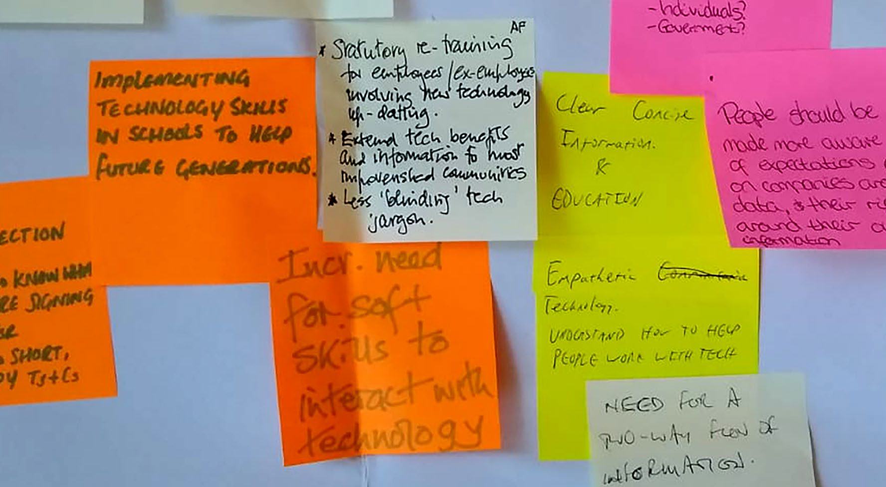 Brainstorming notes on sticky notes covering technology skills in schools, employee retraining, information clarity, soft skills, and communication flow.