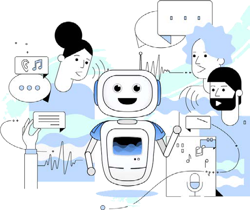 Illustration of a friendly robot interacting with people, surrounded by speech bubbles, sound waves, and communication icons.