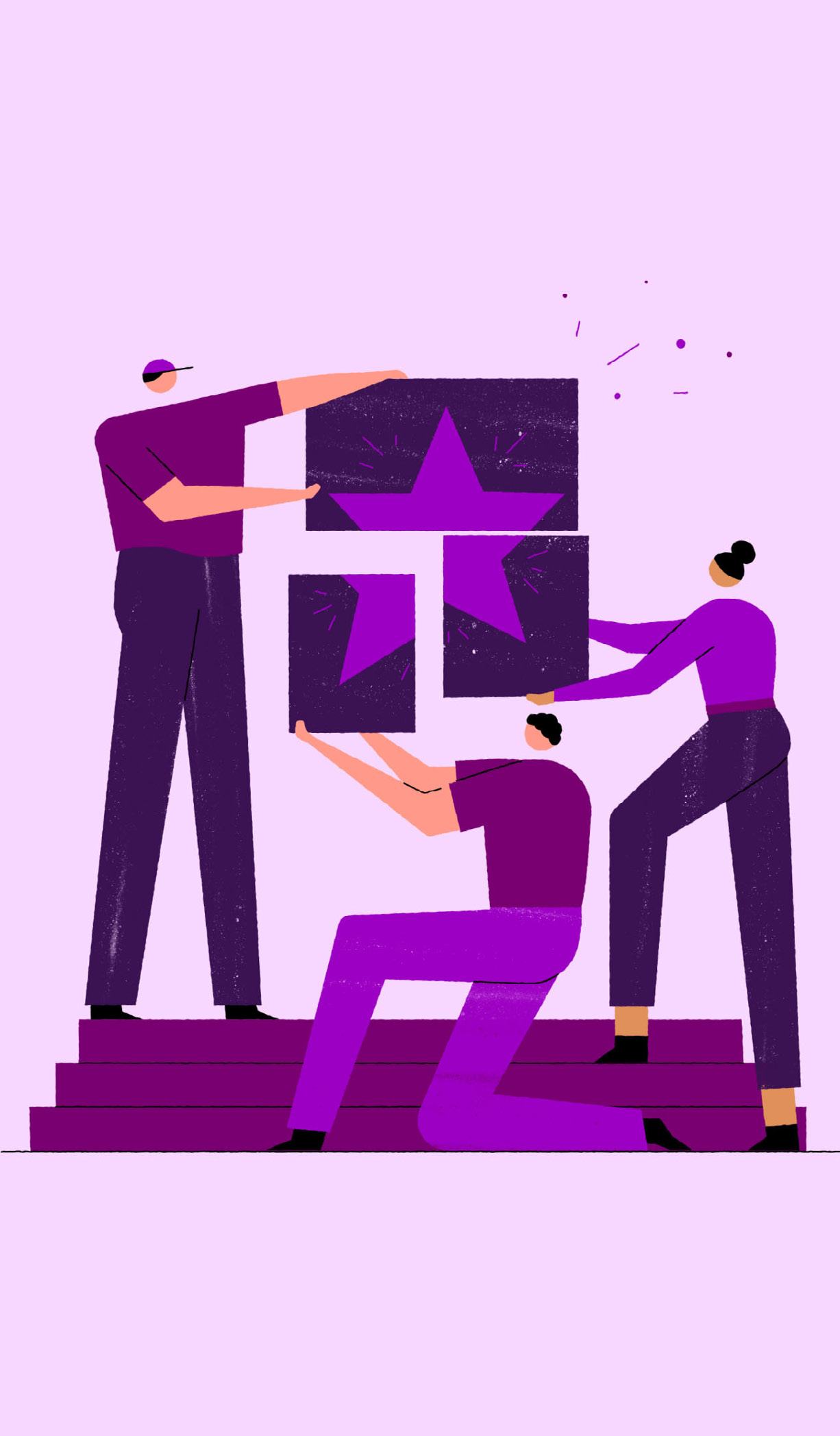 Illustration of three people collaboratively assembling blocks into a large star on a tiered platform, symbolizing teamwork and goal achievement.
