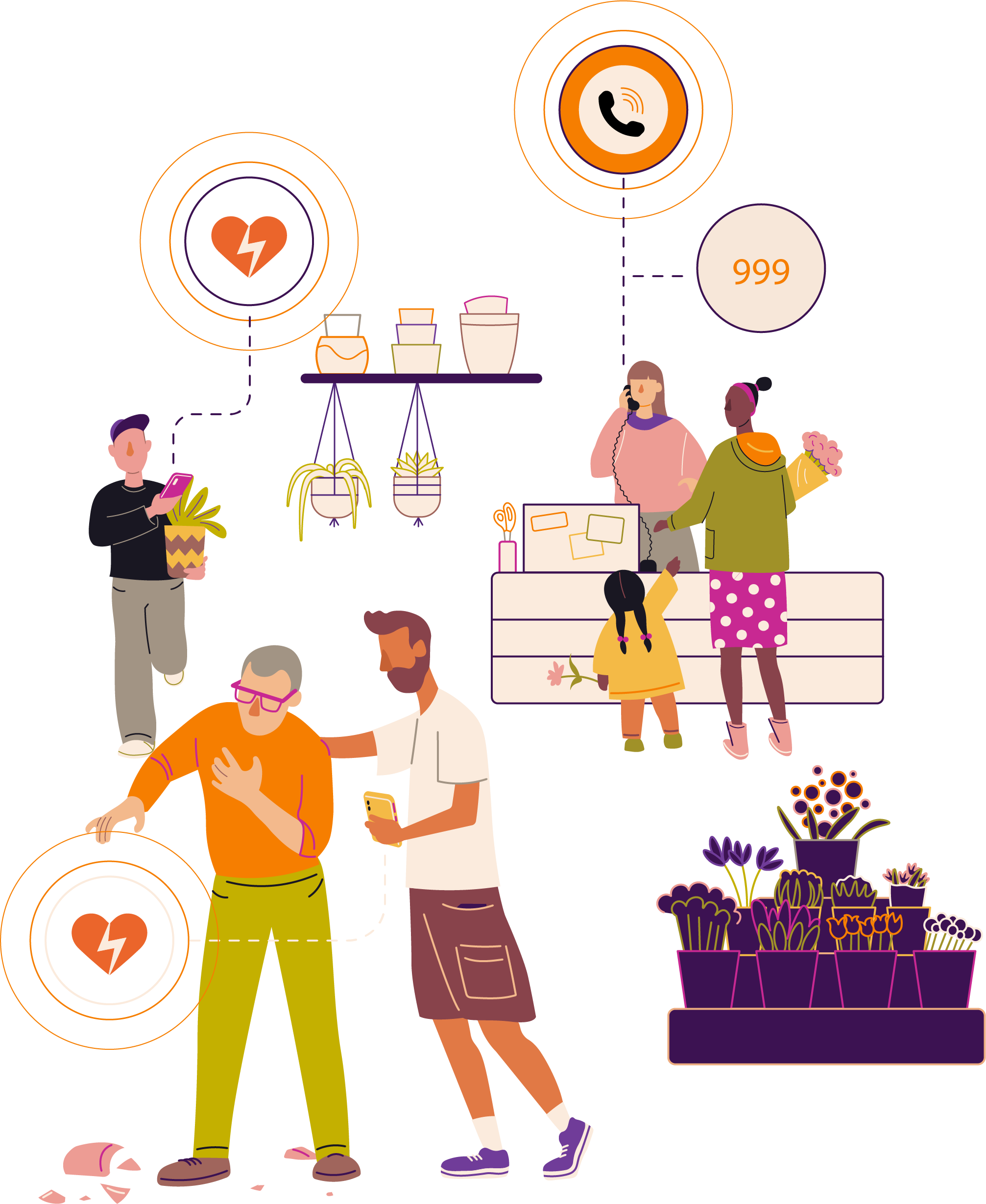 Illustration of a medical emergency: a man having a heart attack, another helping him, and someone calling 999. Set in a flower shop, depicting an emergency response.