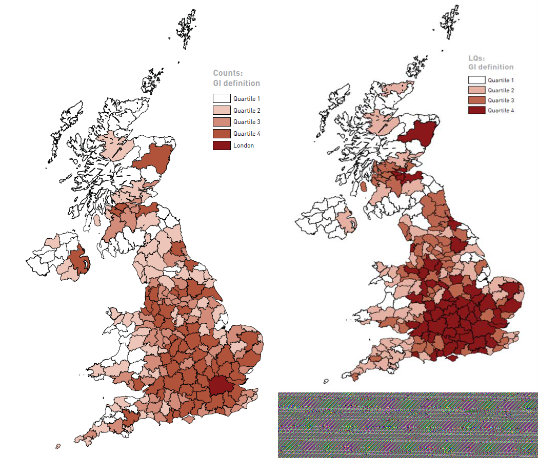 Choropleth maps of the UK showing counts and location quotients (LQs) by GI definition across different regions, categorized into four quartiles plus London.