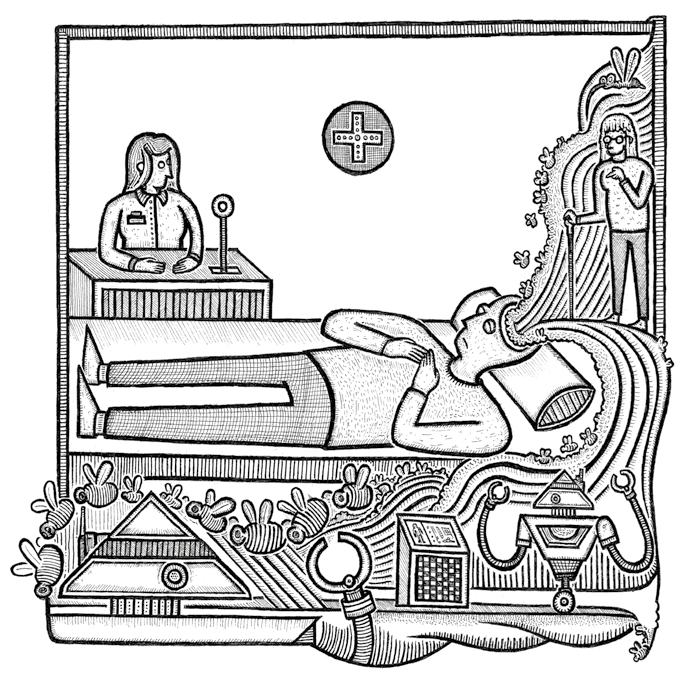 Line art illustration depicting a patient on a bed, with medical staff, technology, and symbolic elements like a pyramid, bees, and a robot, suggesting a complex healthcare or technological system.