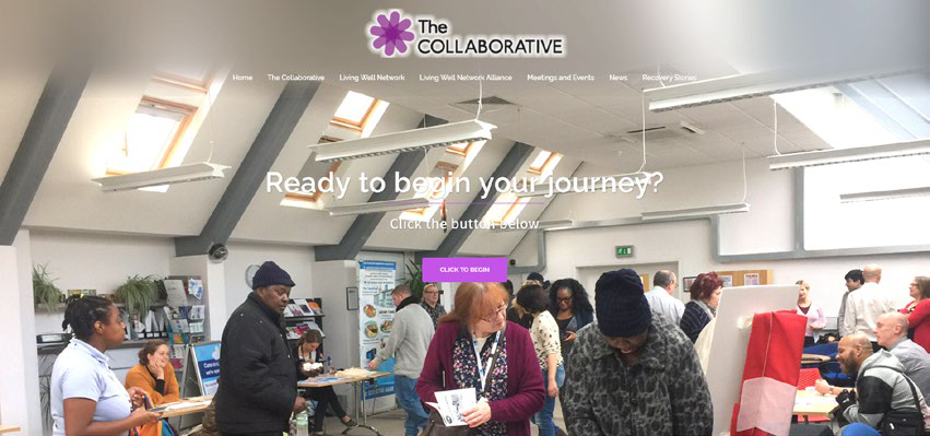 Screenshot of "The Collaborative" website homepage featuring a header, navigation links, a call to action, and an event setting with people in the background.