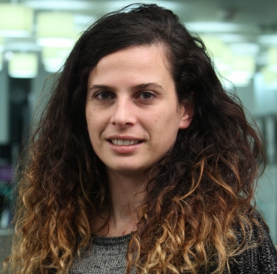 Headshot of a woman with long curly brown hair, wearing a gray top.