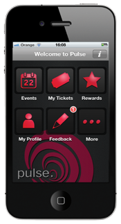 Screenshot of an iPhone displaying the "Pulse" mobile application home screen with icons for Events, My Tickets, Rewards, My Profile, Feedback, and More.