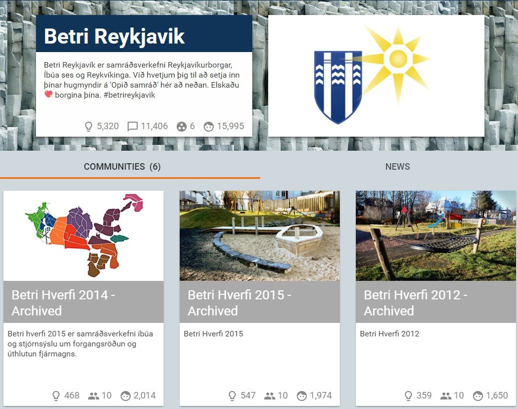 Screenshot of the "Betri Reykjavik" platform, showing a header with engagement metrics and logo, plus three project cards with thumbnails and specific participation data.