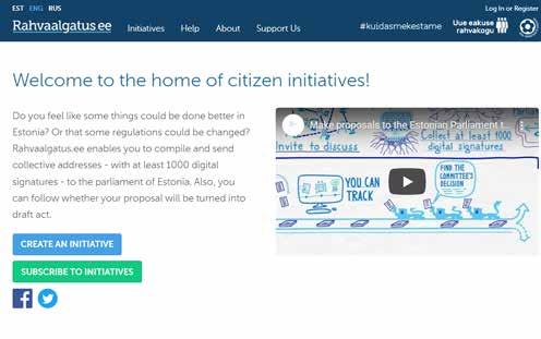 Screenshot of the rahvaalgatus.ee website, showing information about citizen initiatives and a video thumbnail illustrating the process.