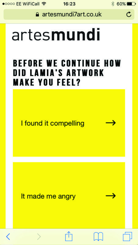 Screenshot of a mobile website asking for user feedback on artwork, with interactive buttons for "I found it compelling" and "It made me angry."