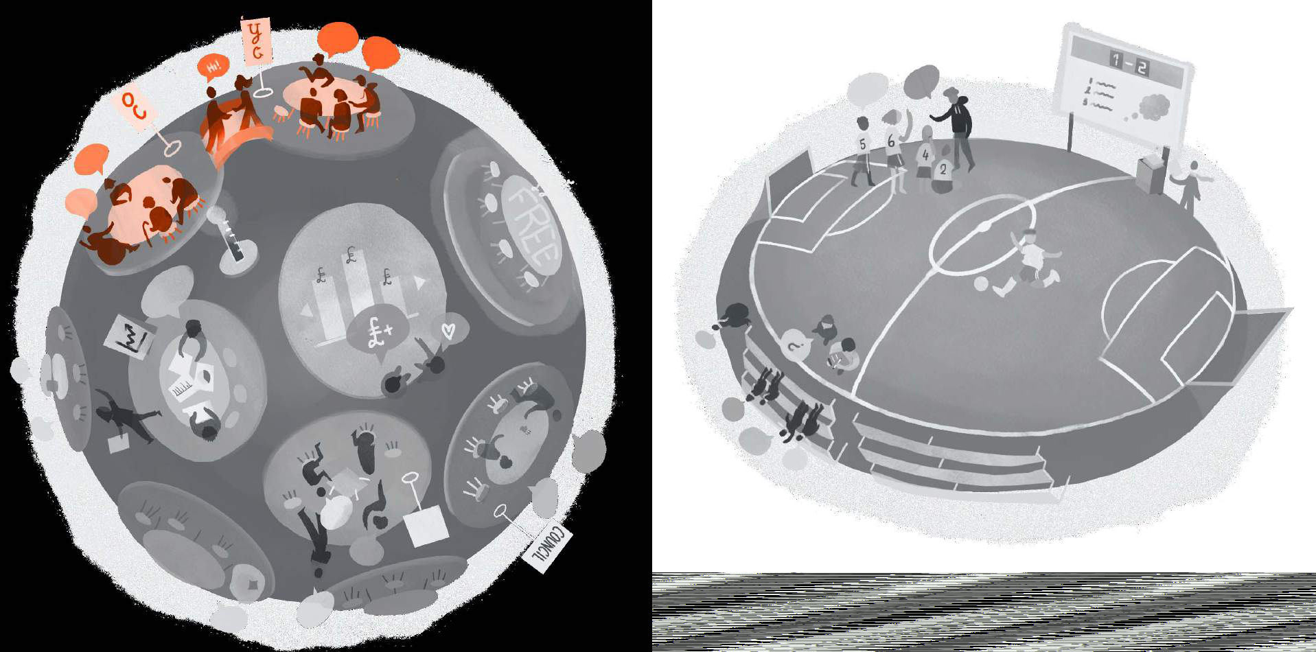 Two conceptual diagrams: one shows a sphere of interconnected community activities, the other a football match with players and scoreboard.