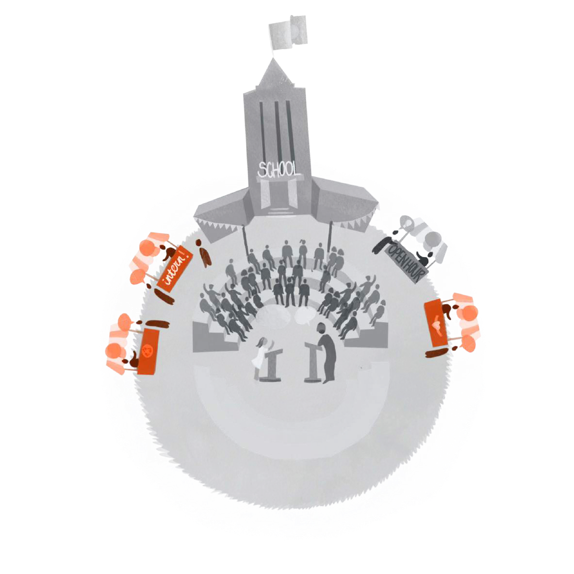 Conceptual diagram showing a school building overseeing an amphitheater with speakers and audience, flanked by "intern" and "open hour" stations.