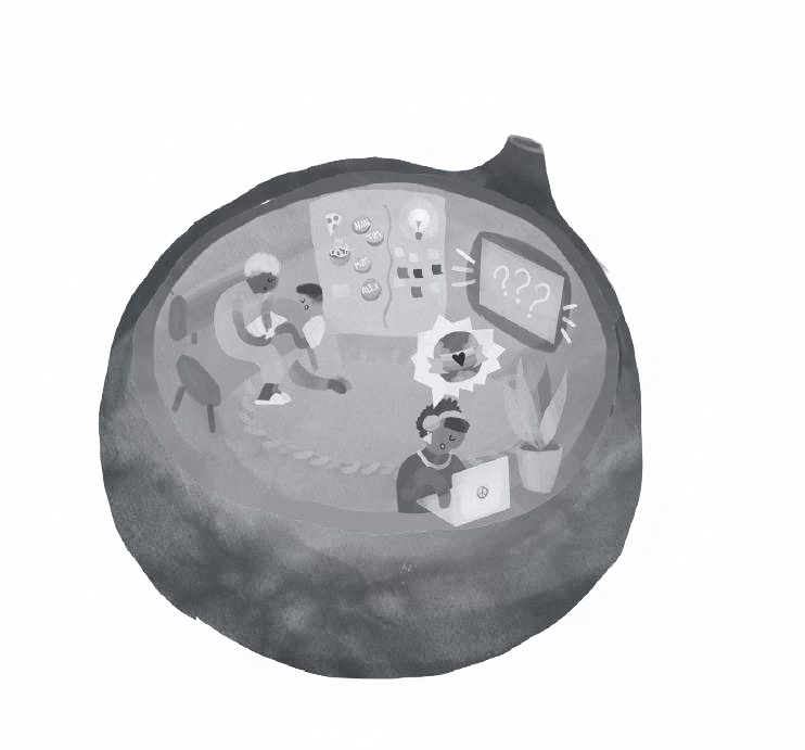 Conceptual illustration of an internal fig-shaped space where people are working, brainstorming with idea boards, and interacting with screens.