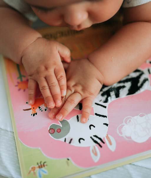 Close-up photo of a baby's hands gently touching a colorful children's book displaying a cartoon zebra.