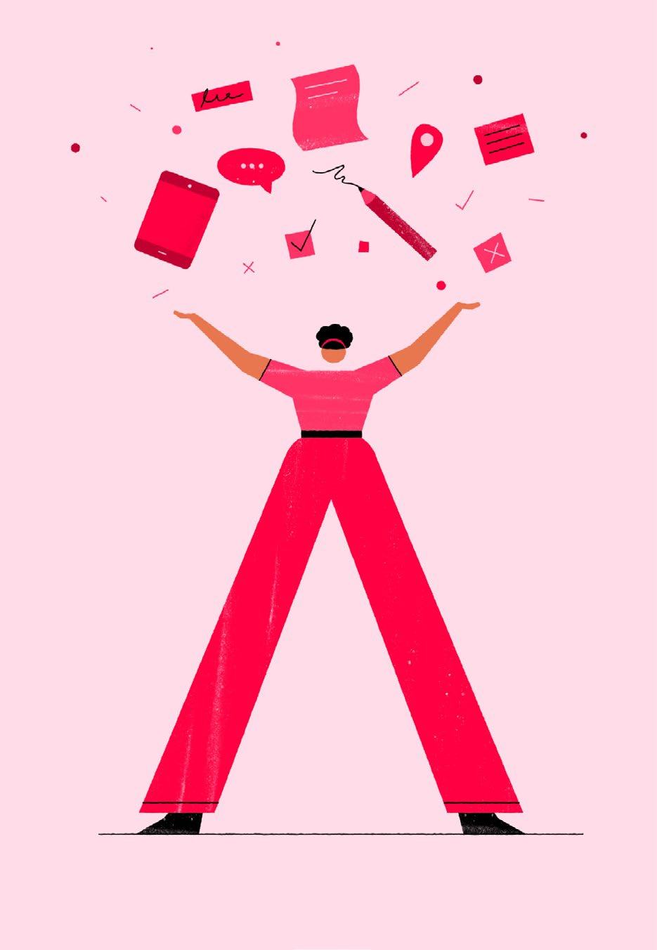 Illustration of a person balancing various work-related icons above their head, symbolizing task management and organization