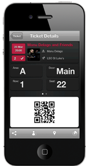 Screenshot of a smartphone displaying a digital concert ticket for Manu Delago and Friends at LSO St Luke's, showing event details, seat A-1-22, and a QR code.
