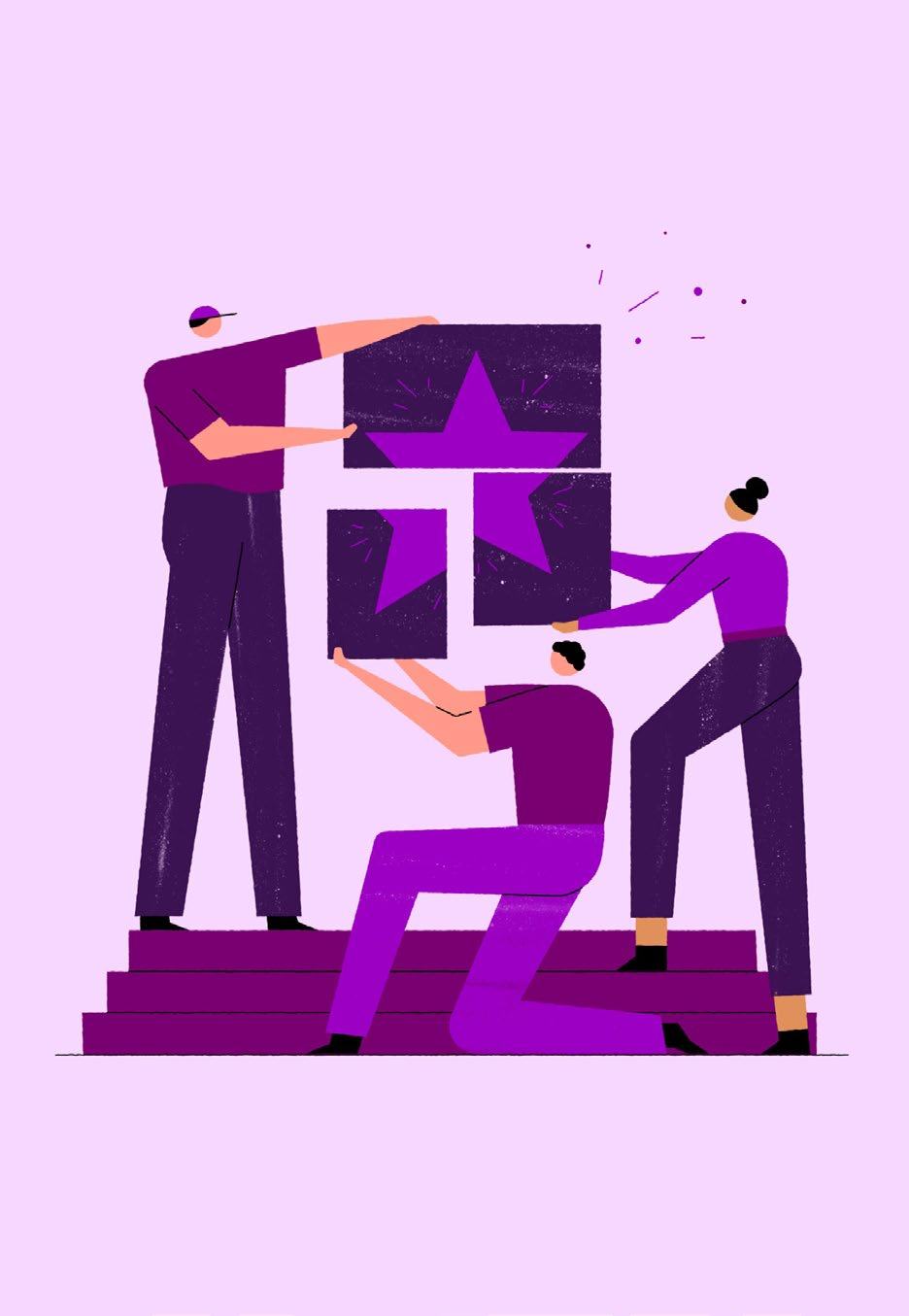 Illustration of three people collaborating to assemble puzzle pieces into a large purple star, symbolizing teamwork and achieving goals