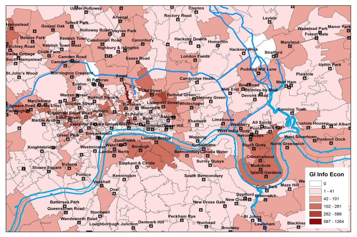 Map of London showing named areas and waterways, with regions shaded by 'GI Info Econ' data, categorized into numerical ranges.