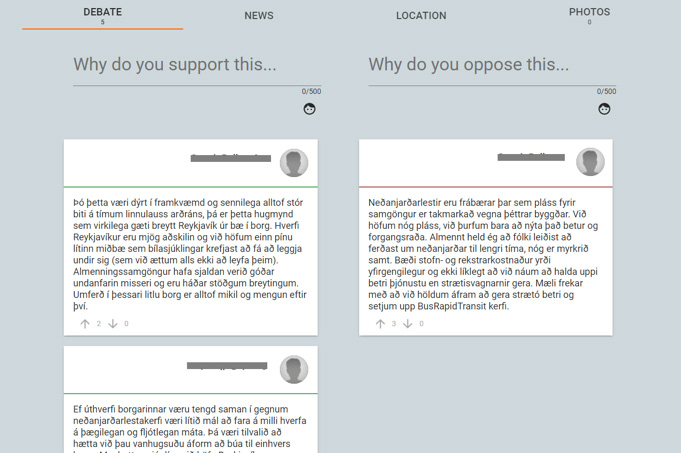 Screenshot of an online debate platform displaying user comments for and against a proposal.