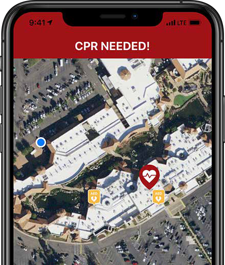 Smartphone screen showing a map with a "CPR NEEDED!" alert, current location, emergency heart icon, and multiple AED locations.