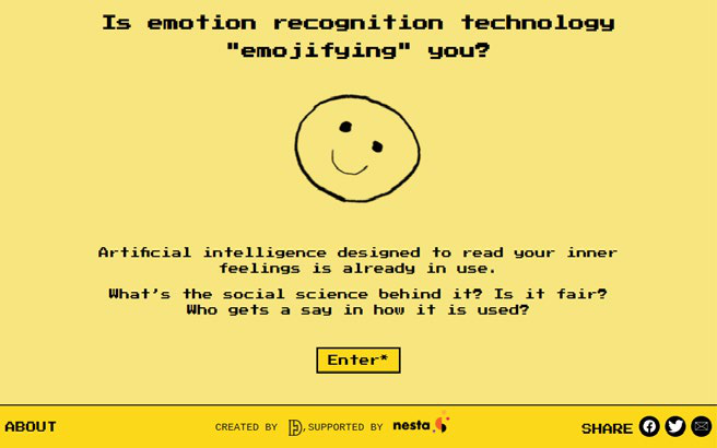 Screenshot of a web page titled "Is emotion recognition technology 'emojifying' you?", with a hand-drawn smiley face, descriptive text, and an "Enter" button