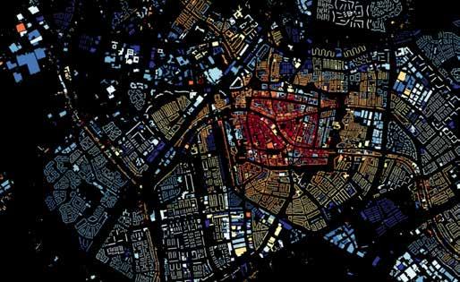 Abstract, colorful aerial map of a city showing different zones highlighted in various colors on a dark background.