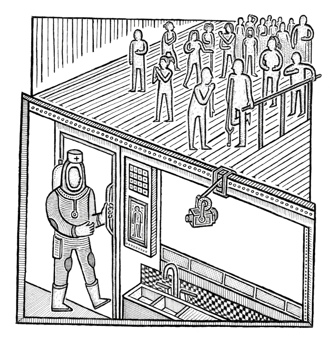 An illustration showing a person in a hazmat suit entering a room with a sink, observed by a crowd from an upper level, suggesting a controlled environment or process.