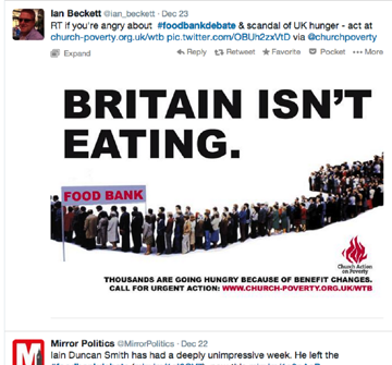 Screenshot of a tweet featuring an image with "BRITAIN ISN'T EATING." and people in a food bank queue, raising awareness about hunger.