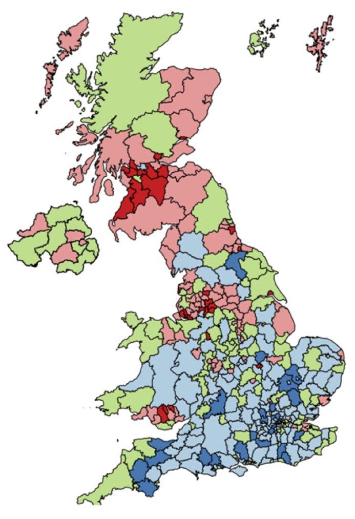 Choropleth map of the United Kingdom divided into administrative regions, colored in shades of blue, red, and green to represent specific data or categories.