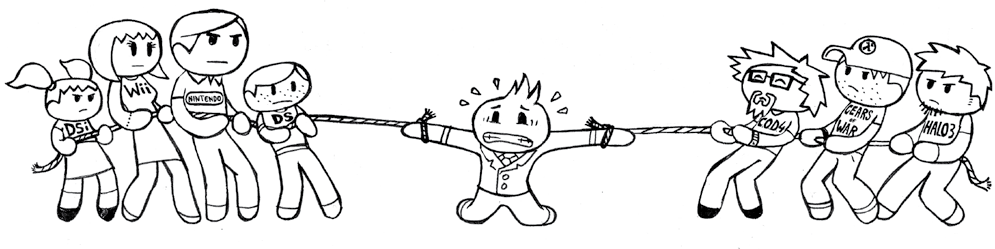 Cartoon of a tug-of-war, with characters representing Nintendo consoles on one side and characters representing mature game franchises on the other, pulling a central figure.