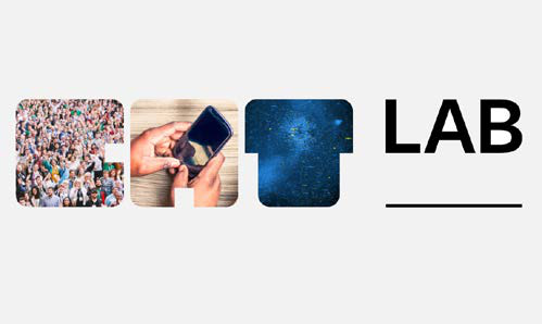 A graphic "LAB" with three image squares: a crowd, hands holding a phone, and a cosmic scene, representing a conceptual framework.