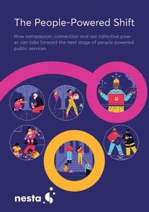 Illustrated cover showing different community service scenarios within connected circles, titled "The People-Powered Shift".