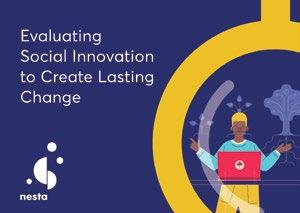 Conceptual illustration of a person on a laptop with trees and data visualizations, representing social innovation and lasting change.
