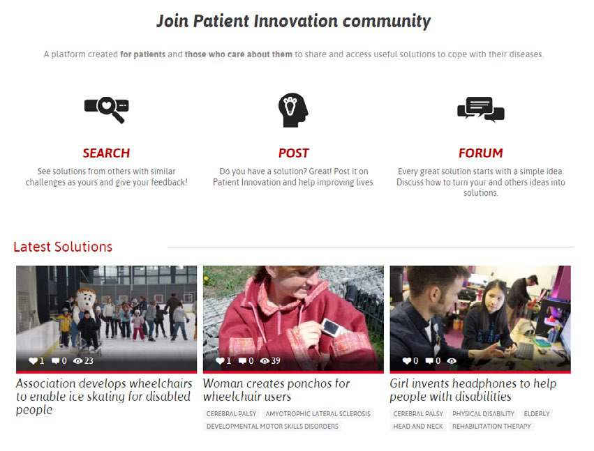 Screenshot of a "Patient Innovation community" webpage, detailing search, post, and forum features, alongside recent solutions with images and descriptions.