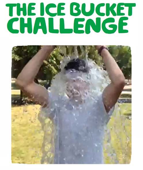 A person is doused with water from a bucket, illustrating the Ice Bucket Challenge.