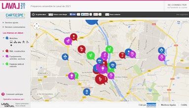 Screenshot of an interactive online map application showing a city with colored pins indicating different categories like mobility and construction.