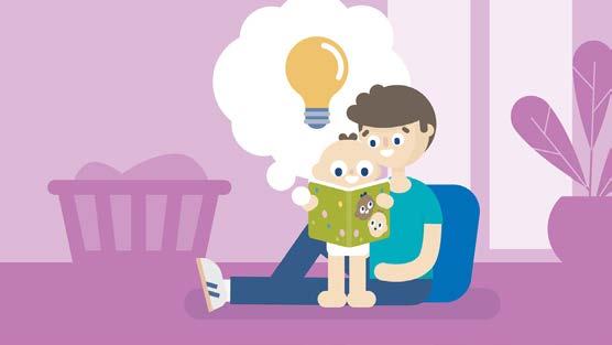 An illustration of a father reading a book to his baby, with a lightbulb thought bubble indicating new ideas or learning.