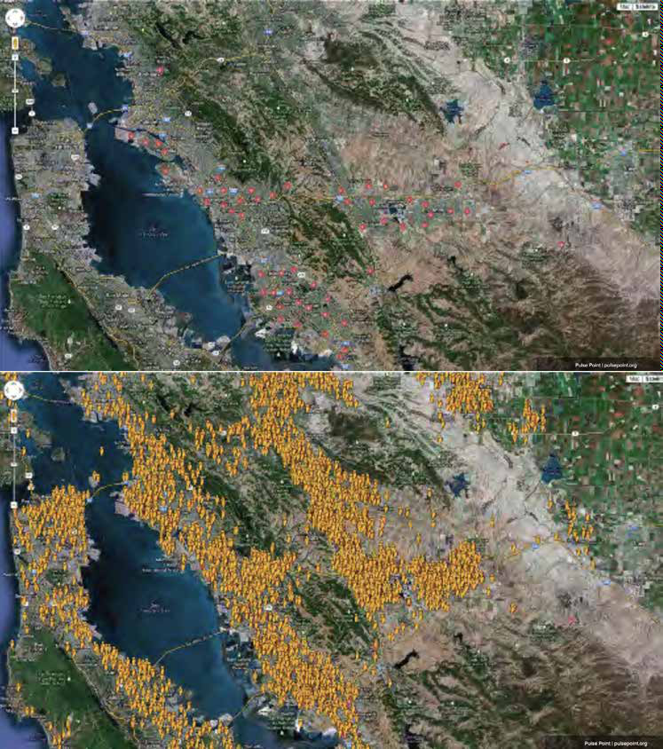 Two satellite maps of the Bay Area, showing distribution of AEDs (red dots, top) and registered responders (yellow icons, bottom) from Pulse Point.