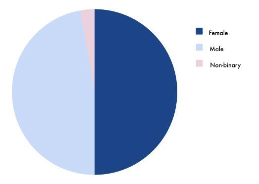 Pie chart showing the distribution of participants by gender, with categories for Female, Male, and Non-binary.