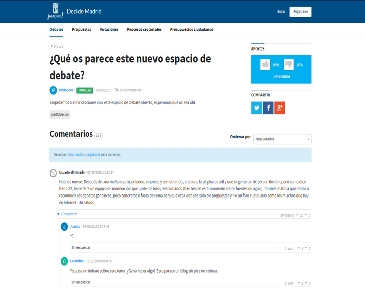 Screenshot of the "Decide Madrid" online debate platform, showing a topic, user comments, and support statistics.