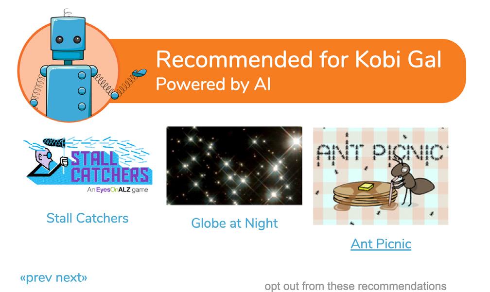 AI-powered recommendations for Kobi Gal, featuring a robot and thumbnails for 'Stall Catchers', 'Globe at Night', and 'Ant Picnic.'