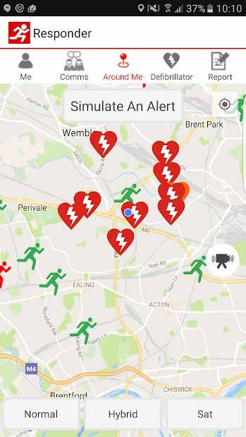 Smartphone screen of "Responder" app showing a map with emergency alerts (heart icons) and responder locations (running person icons) in a city.