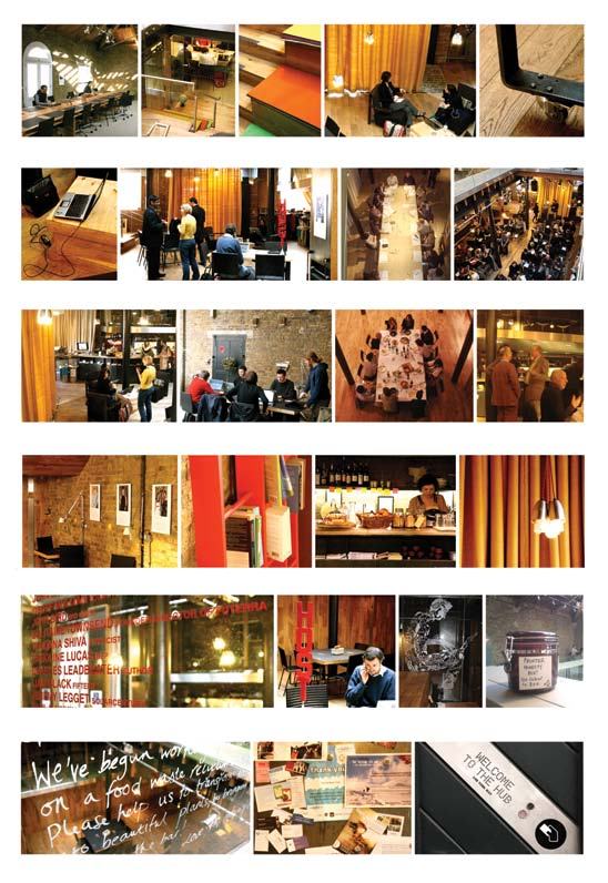 Photo collage showing multiple scenes from an interior workspace or event venue, including people collaborating, close-ups of details, and signs like "WELCOME TO THE HUB."