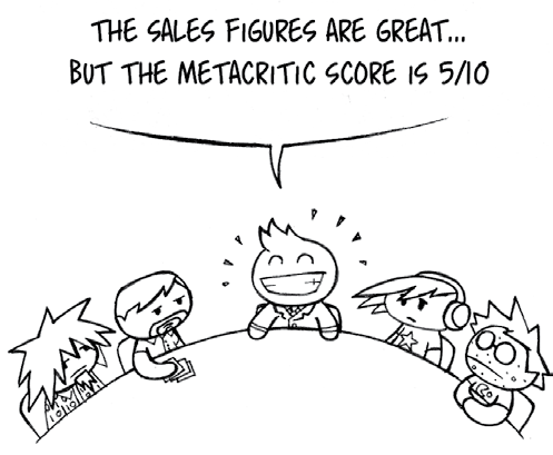 Cartoon showing a happy character at a table announcing "THE SALES FIGURES ARE GREAT... BUT THE METACRITIC SCORE IS 5/10", while others look disappointed.