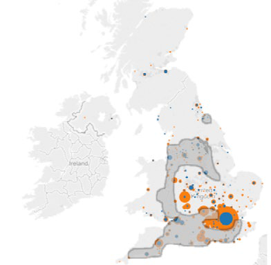 Map of the UK and Ireland with overlaid bubbles and shaded regions, likely indicating geographic distribution or density of data points across the area.
